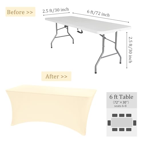 Image of 2 Pack 6FT Spandex Table Covers Washable Wrinkle Resistant Fitted Rectangle Tablecloth for Folding Table Wedding Party Birthday Banquet Bar Events(Beige)