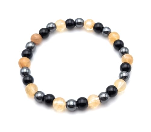 Bracelet Contre le Mal de Dos, les Migraines et le Stress | Hématite, Agate noire et Citrine en Pierres Naturelles | Taille 16 à 21 cm selon votre poignet | Perles rondes 6 mm | Artisanal (16-17 cm)