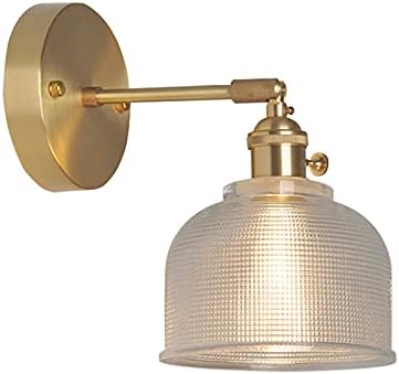 CraftThink LED Wall Sconce, Brass Finish Single-Bulb Wall Lamp Rustic Clear Ribbed Glass Tapered Wall Mounted Lighting with Swing Arm for Bedside lamp Living Room Porch Hallway Restaurant Foyer-E