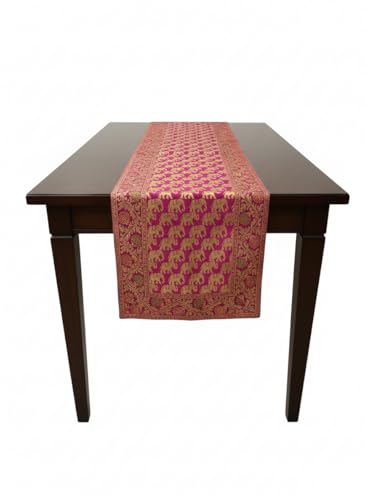 JANASIN Premium Silk Table Runner 60x16 Inch - Luxury Indian Dupion Silk with Elephant Pattern, Tasseled Ends for Dining Room, Wedding, Holiday Decor (Pink)
