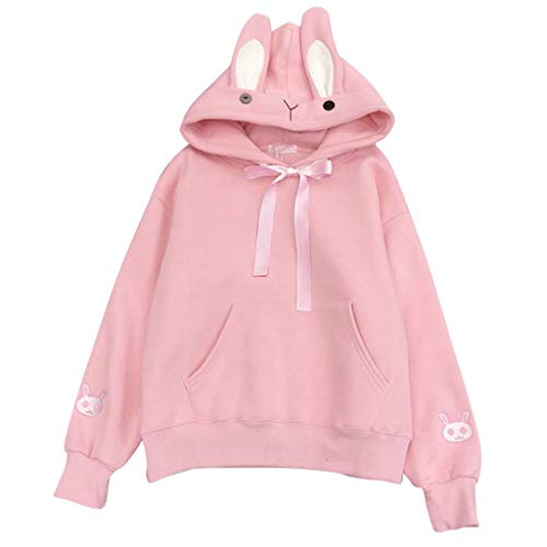 Cute Women Hoodie, Jushye Teens Girls Rabbit Bunny Ears Long Sleeve Loose Hooded Sweatshirt Pullover Tops Blouse Top (XL, Pink)