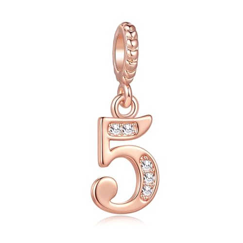 Abalorio de números de la suerte para pulseras Pandora 0, 1, 2, 3, 4, 5, 6, 7, 8, 9, regalo de cumpleaños para mujeres, familiares, amigos, circonita cúbica transparente, oro rosa, talla única, Cobre