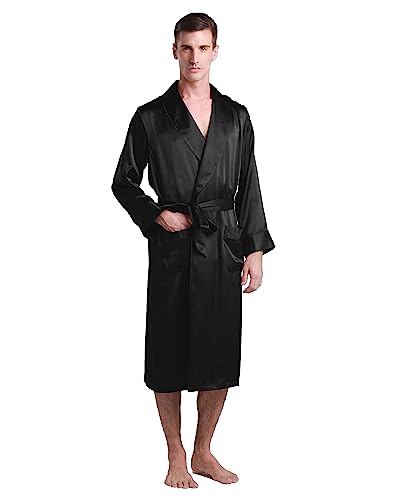 LilySilk 100% Silk Robe for Men Long Sleeve Lapel Collar Silk Kimono Bathrobe Male Sleepwear Luxury Soft Comfy Black X-Large