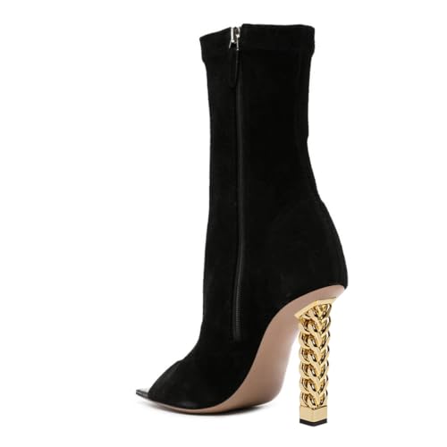 FYS Women's Square Open Toe Ankle Boots Gold Block High Heel Booties Side Zipper Party Dance Club Shoes Size 4-16 US3