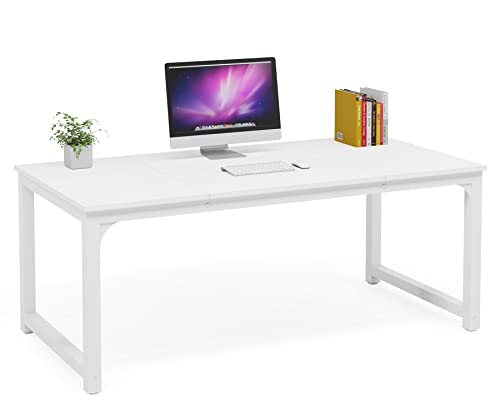 Image of Tribesigns Modern Computer Desk, 63 x 31.5 inch Large Executive Office Desk Computer Table Study Writing Desk Workstation for Home Office, Spliced Desktop, White