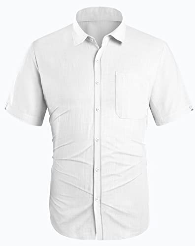 Mens Short Sleeve Shirts Button Down Linen Beach Summer Tops Lightweight Fishing Tees Spread Collar Plain Blouses (Medium, 01 White) #TOP1