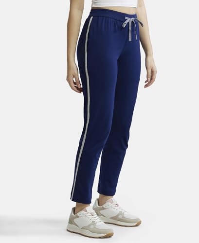 Image of Jockey 1305 Women's Super Combed Cotton Rich Relaxed Fit Mid Rise Trackpants with Contrast Side Piping and Pockets
