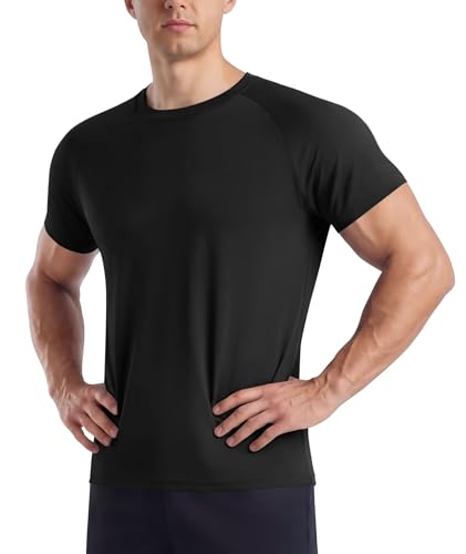 BOOJO Gym T Shirts Men UK Running Quick Dry Fit Top Short Sleeve Crew Neck Tshirt Breathable Active Wear for Sports Work(Black L)