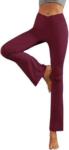 lemonsky Women's Casual Flare Yoga Pants V Crossover High Waisted Bootleg Workout Pants Leggings Burgundy-S