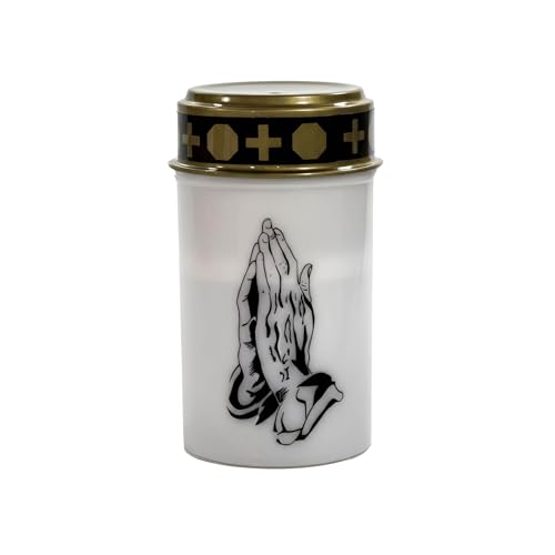 Fachhandel Plus LED Grablicht Weiß mit Batterien – Grabkerze LED, Grableuchte Ewiges Licht mit Motiv betende Hände, wetterfest mit Ein-/Ausschalter für Friedhof & Gedenkstätte