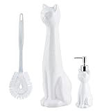 Allure Home Creation Cat 3-Piece White Ceramic Toilet Brush Holder w/White Plastic Handled Scrub Brush & Soap Dispenser-White