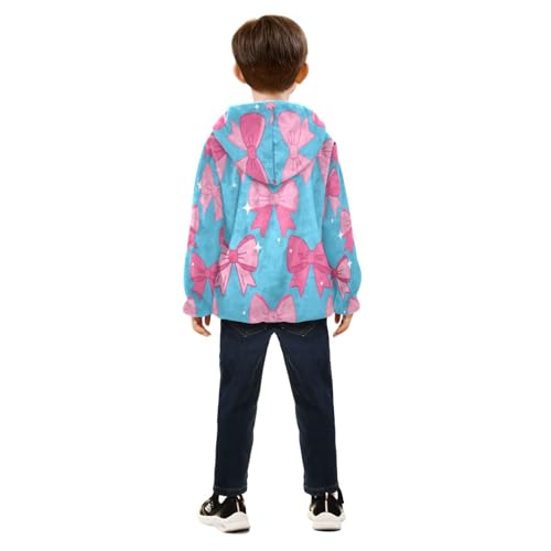 Pink Bows on Blue Background Toddler Fleece Jacket Girl Boys Hooded Fleece Jacket Coat Warm Outwear Zip-up 3-10T4