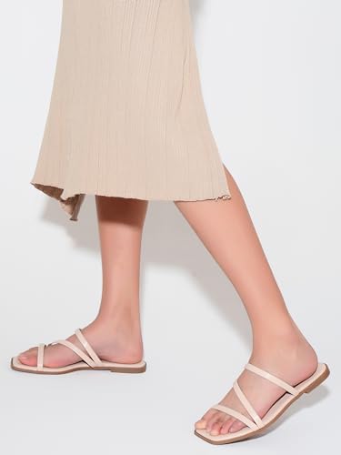 Image of LACUONE Strappy Flat Sandals For Women Slip On Square Open Toe Slides Sandals