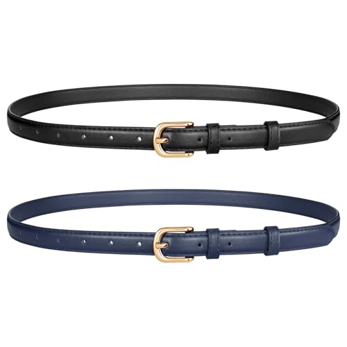 JASGOOD 2 Pack Women Skinny Belt with Gold Buckle Fashion Faux Leather Thin Belt for Jeans Pants Black+Navy Blue