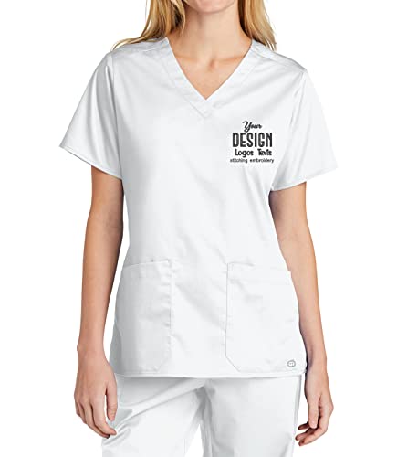 INK STITCH Women Custom WW4560 Women Custom Embroidered Logo Texts V Neck Scrub Shirts - White (XS)