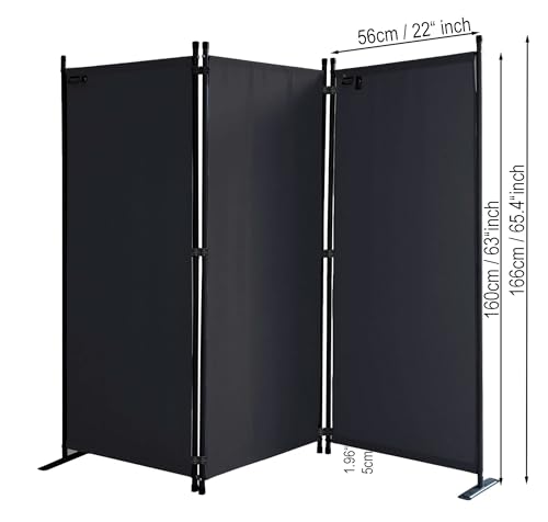 QUICK STAR Paravent 3 Teilig 170 x 165 cm Stoff Raumteiler Trennwand Balkon Sichtschutz Stellwand Faltbar Schwarz