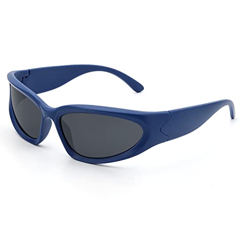 LIKSMU Wrap Around Street Fashion Sunglasses for Women Men Swift Oval Trendy Shades Sun Glasses 100% UV Protection Grey Lens and Blue Frame