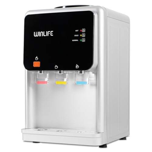 WINLIFE® Elektrischer Wasserspender Mini Silber mit Kindersicherung Knopf, heiße & kalte Getränke 5 bis 20 Liter, 3 Temperaturstufen, Gehäuse zur Aufbewahrung