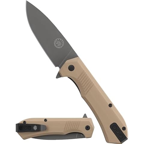 Off-Grid Knives - Stinger EDC Folding Knife with Drop Point Blade, Full Flat Grind, Crucible 154CM Steel, G10 Scales, Deep Carry Clip, Everyday Carry (Coyote) Cover