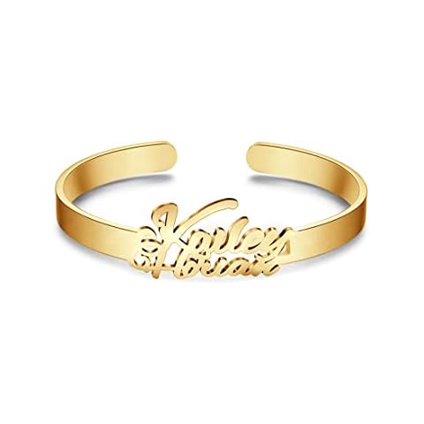 Jecivila Personalized Name Bracelets, 18K Gold Custom Engraved Name Cuff Bangle Bracelets for Women, Mom, Daughter, Personalized Jewelry Gifts for Her Cover