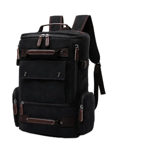 Mochila Masculina Resistente De Lona Com Detalhes Em Couro Para Notebook Bolsa Escolar Tática De Viagem Camping Trabalho (PRETO)