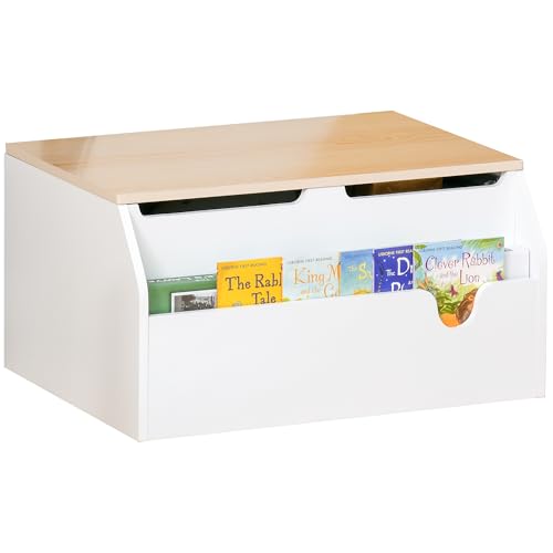 Qaba - Qaba Kids Toy Storage Box Chest with Lid, Children Book Shelf with Safety Hinge and Book Slot, Playroom Furniture, White and Natural