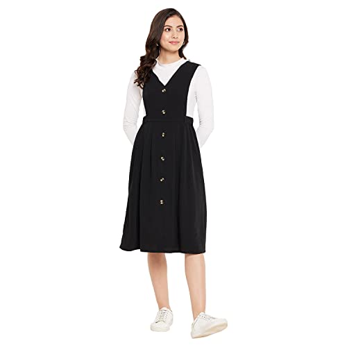Image of WineRed Women Soild Pinafore Dress with Button