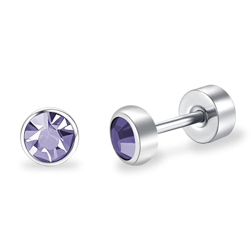 BLISI G23 Solid Titanium Studs Earrings Flat Back Tanzanite Earrings Dainty Screw Back Silver Stud Earrings Hypoallergenic 5mm Cartilage Rhinestones Earring Helix Tragus Conch Piercing Jewelry