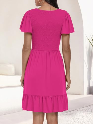Image of ANRABESS Women's Summer Casual Beach Mini Dress Smocked V Neck Flutter Sleeve Cute Boho Short Dresses 2025 Trendy Hot Pink Large