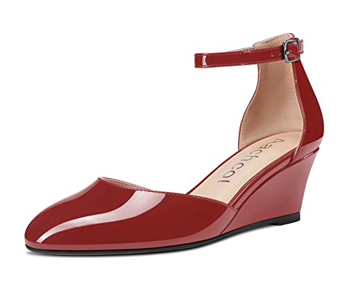 Aachcol Women Ankle Strap Pumps D'Orsay Two-Piece Mid Wedge Heel Close Round Toe Dress Shoes Wedding Party 2 Inches