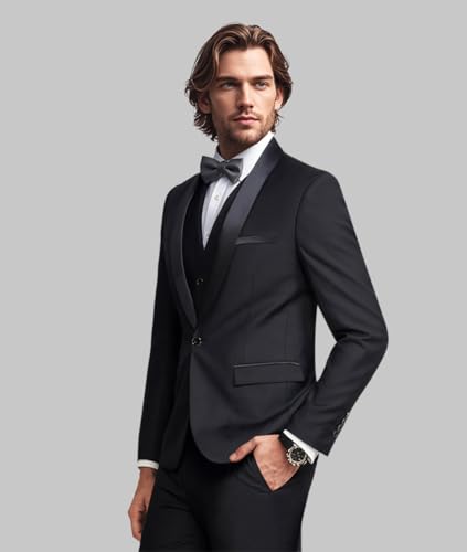 Mens Slim Fit Suit 3 Piece Solid Shawl Lapel Casual Business Blazer Set for Weddings Parties Tuxedo Jacket Pants3