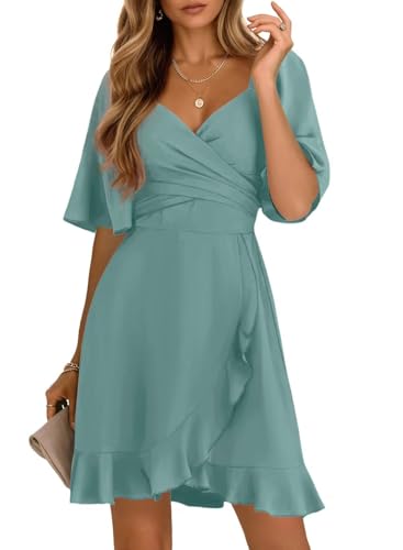 Dokotoo Womens Summer Wrap V Neck Short Flared Sleeve Smocked Elastic Waist Tiered Belted Ruffle Hem Mini Dress Graduation Dress Skobeloff M