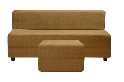 Image of 5X6-Feet Leg Sofa Cum Bed with Ottoman | Jute Fabric 3 Seater Convertible Sofa Bed | Modern Space Saving Furniture for Living Room | Golden