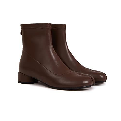 Image of Split Toe Ankle Boots for Women Tabi Japanese Ninja Shoes Low Chunky Heels Booties, Stretch Artificial Leather Boots Back Zipper