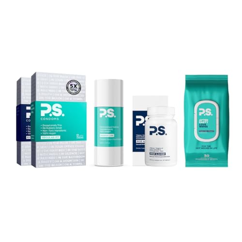 PS Condoms Exceptionally Thin Latex Condoms for Men - 12 Pack, Afterparty Love Oversized Adult Flushable Wipes, Organic Aloe & Plant Based Lube, Rise & Shine