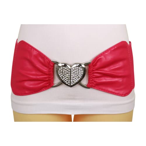 Women Pink Wide Fashion Belt - Hip High Waist Elastic Band Silver Heart Love Buckle Size S M2