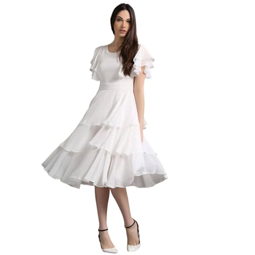 Image of Women Layered Georgette Fit & Flare Midi Dress | Round Neck Flutter Sleeve Knee Length Dress | Tiered Party Dress for Women Evening and Casual Styling