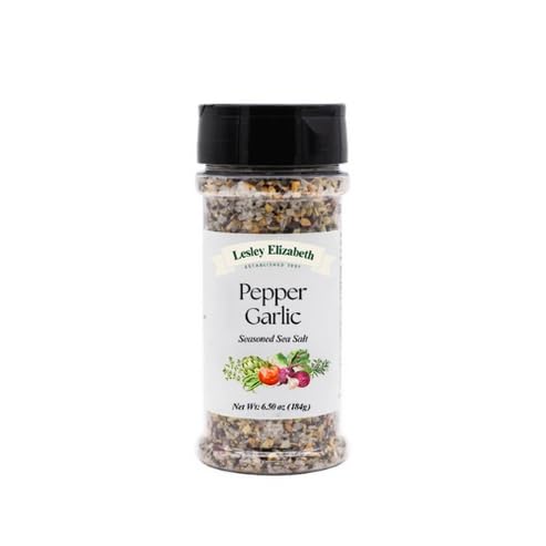 Image of Lesley Elizabeth Pepper & Garlic Seasoned Sea Salt Seasoning - Bold Garlic & Pepper Infused Sea Salt - 8.4 oz (250 ml) PET Shaker Bottle for Meats, Vegetables & Marinades