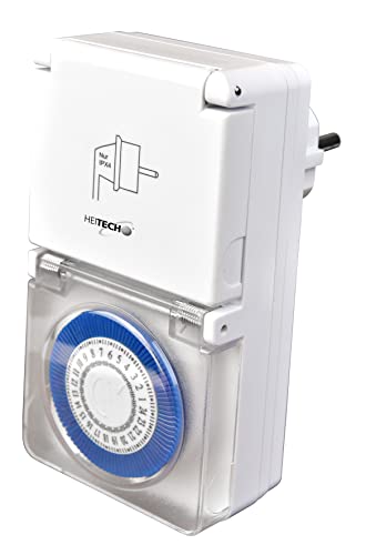 HEITECH Mini Zeitschaltuhr mechanisch für den Aussenbereich - Zeitschalter TÜV & GS geprüft, IP44, Kindersicherung, bis max. 16A & 3500W - 48 Schaltsegmente mit je 30 min