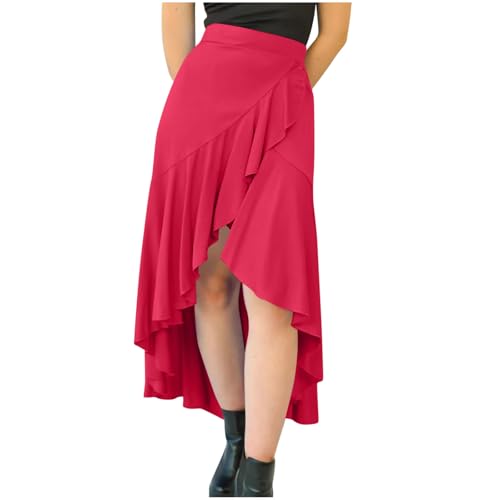 Women's High Waist Skirts Dressy Casual Ruffle Shirts High Low Asymmetric Skirt Elastic Waist Flowy Skirts Business Skirt