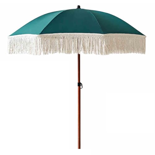 Outdoor Patio Umbrella 180cm UV50+ Protection - 8 Ribs 32mm Thick Solid Wood Frame Dark Green Fringed Garden Parasol for Terrace and Deck