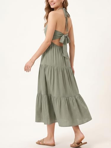 Image of Women's Casual Halter Tiered Vacation Maxi Dress with Pockets