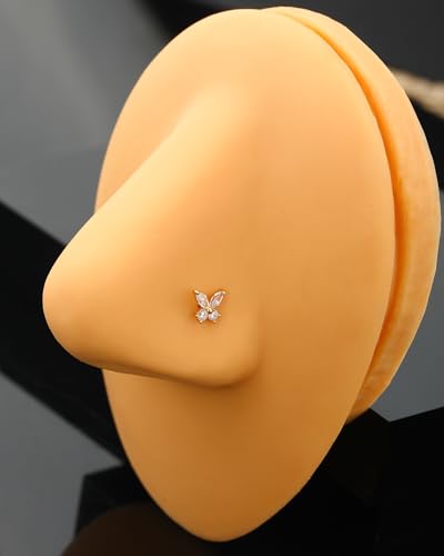 Jewseen 14K Gold Nose Stud 20G Nose Ring Butterfly Nose Piercing Jewelry CZ Nostril Piercing Jewelry Nose Screw Studs for Women Men 6