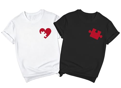 Two t-shirts, each printed with half of a heart shape that completes when placed together