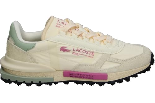 Lacoste Elite Active Chaussures de running années 70 Off White Light Khaki, nylon et daim, semelle en caoutchouc texturé, Blanc cassé kaki clair avec...