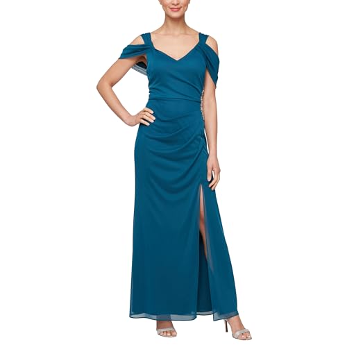 Image of Alex Evenings Women's Long Cold Shoulder Mother of the Bride Dress with Beaded Detail at Hip