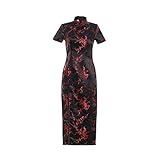 Shanghai Story Short Sleeve Long Qipao Brocade Chinese Traditional Cheongsam Dress for Womens Plum Blossom Embroidery Black Red Size XL