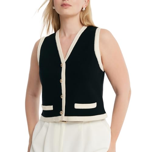 Image of Women's Striped Cropped Knit Vest - Sleeveless V Neck with Gold Buttons, Business Casual Multi-Season Layering Top