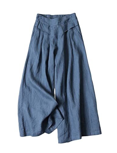 Perbai Women's Wide Leg Pants Elastic Waist Linen Casual Palazzo Trousers Culottes