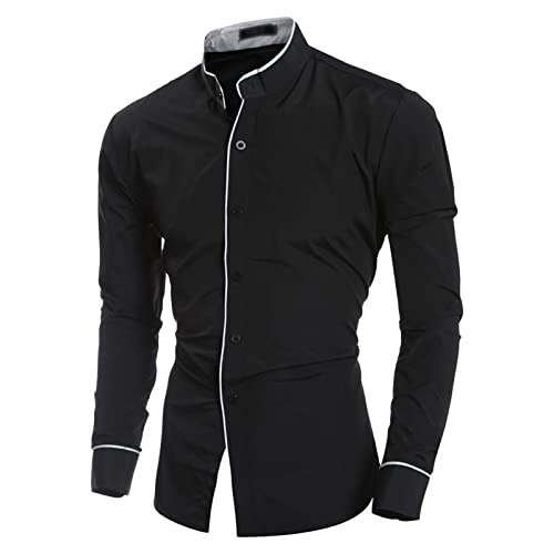 Men's Long Sleeve Stylish Shirts Casual Solid Color Stand Collar Shirts Classic Plain Button Down Dress Shirt (Black,Medium)